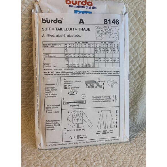 Burda Misses Skirt Jacket Sewing Pattern sz 6-18 8146 - uncut - Picture 3 of 9